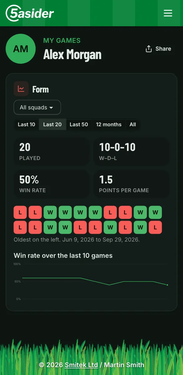 A player's form on a phone, in dark mode