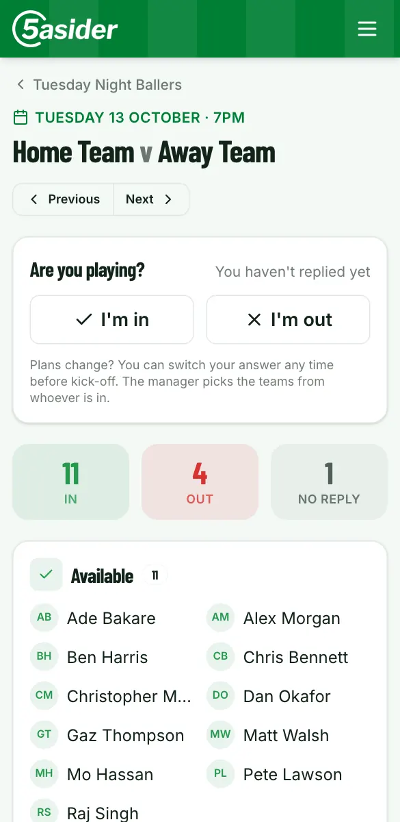 The game page on a phone: an I'm in and an I'm out button, then 11 in, 4 out and 1 no reply, and the list of available players