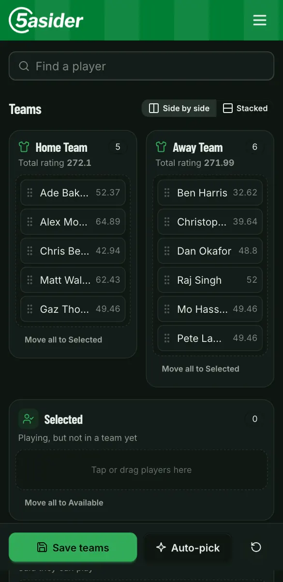 Picking teams on a phone, in dark mode: two auto-picked teams with almost equal total ratings