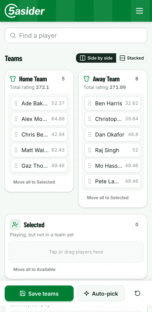 Picking teams on a phone: Home Team and Away Team side by side with a total rating of 272.1 against 271.99, and Save teams and Auto-pick buttons