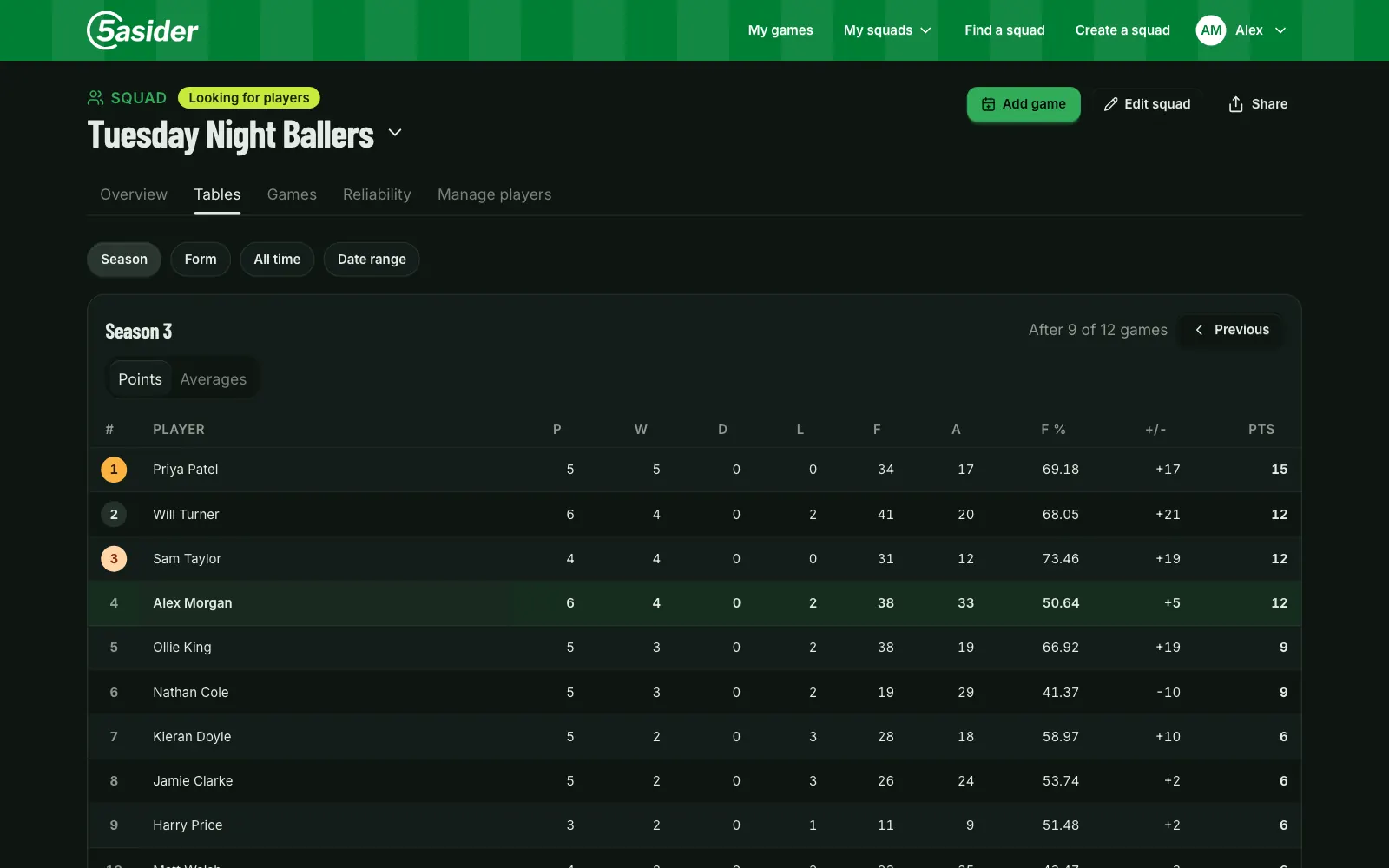 A squad's season league table on a laptop, in dark mode