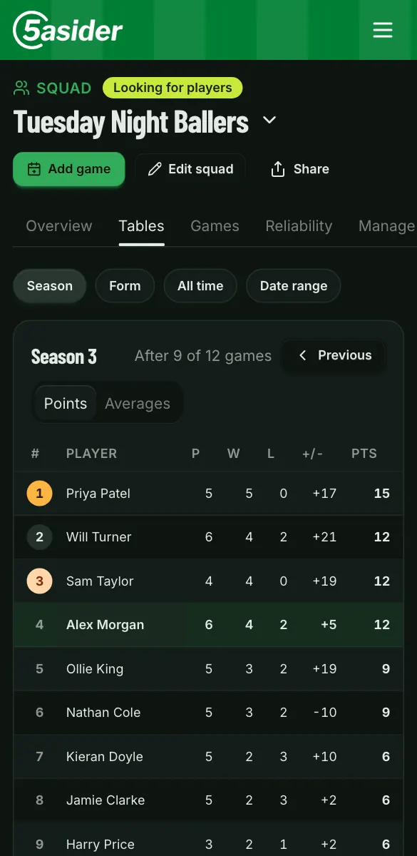 A squad's season league table on a phone, in dark mode